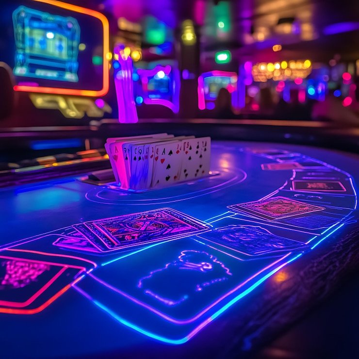Standard deck and chip denominations used across our AduQ tables Close-up of card deck and gaming chips on professional AduQ table